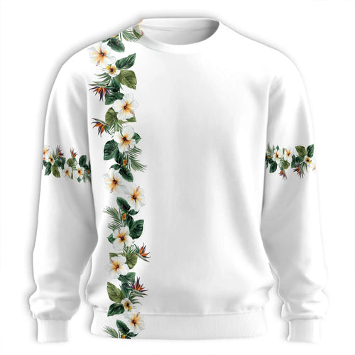 Hibiscus Floral White Sweatshirt, 3D All Over Print Tropical Flower Crewneck Pullover for Men Women, Hibiscus Lover Gift - Netecom