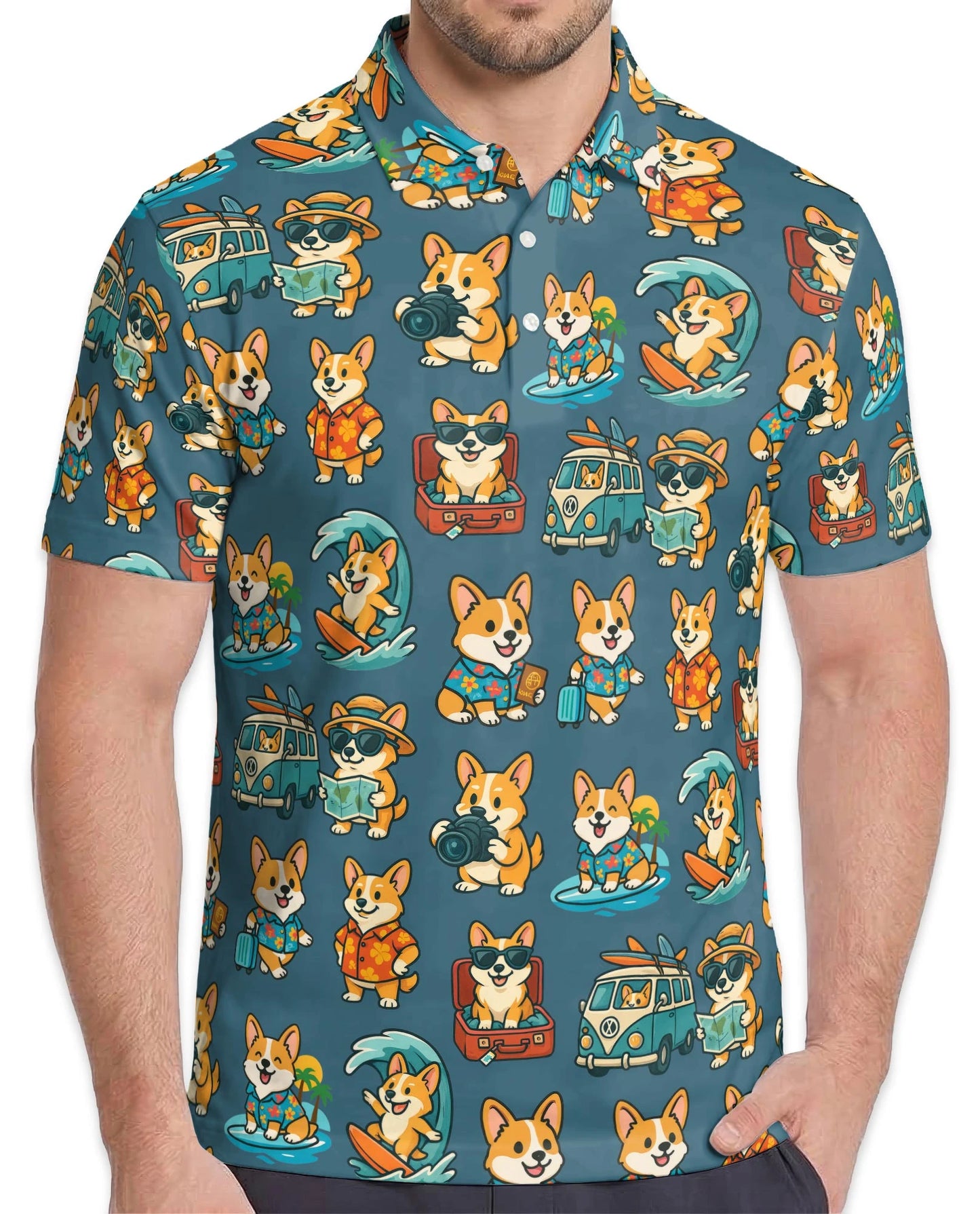 Cartoon Corgi Surfing Polo Shirt for Men – Cute Dog Beach Style | Netecom