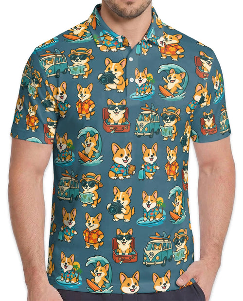 Cartoon Corgi Surfing Polo Shirt for Men – Cute Dog Beach Style | Netecom