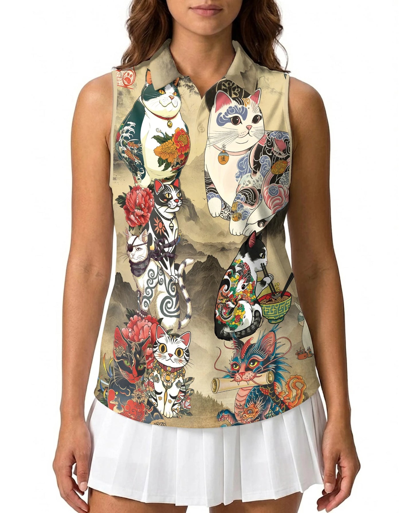 Japanese Cat Tattoo Sleeveless Polo Shirt for Women | Netecom