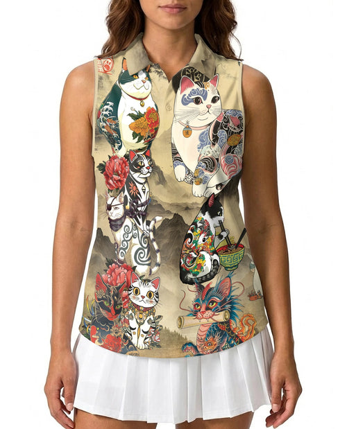 Japanese Cat Tattoo Sleeveless Polo Shirt for Women | Netecom