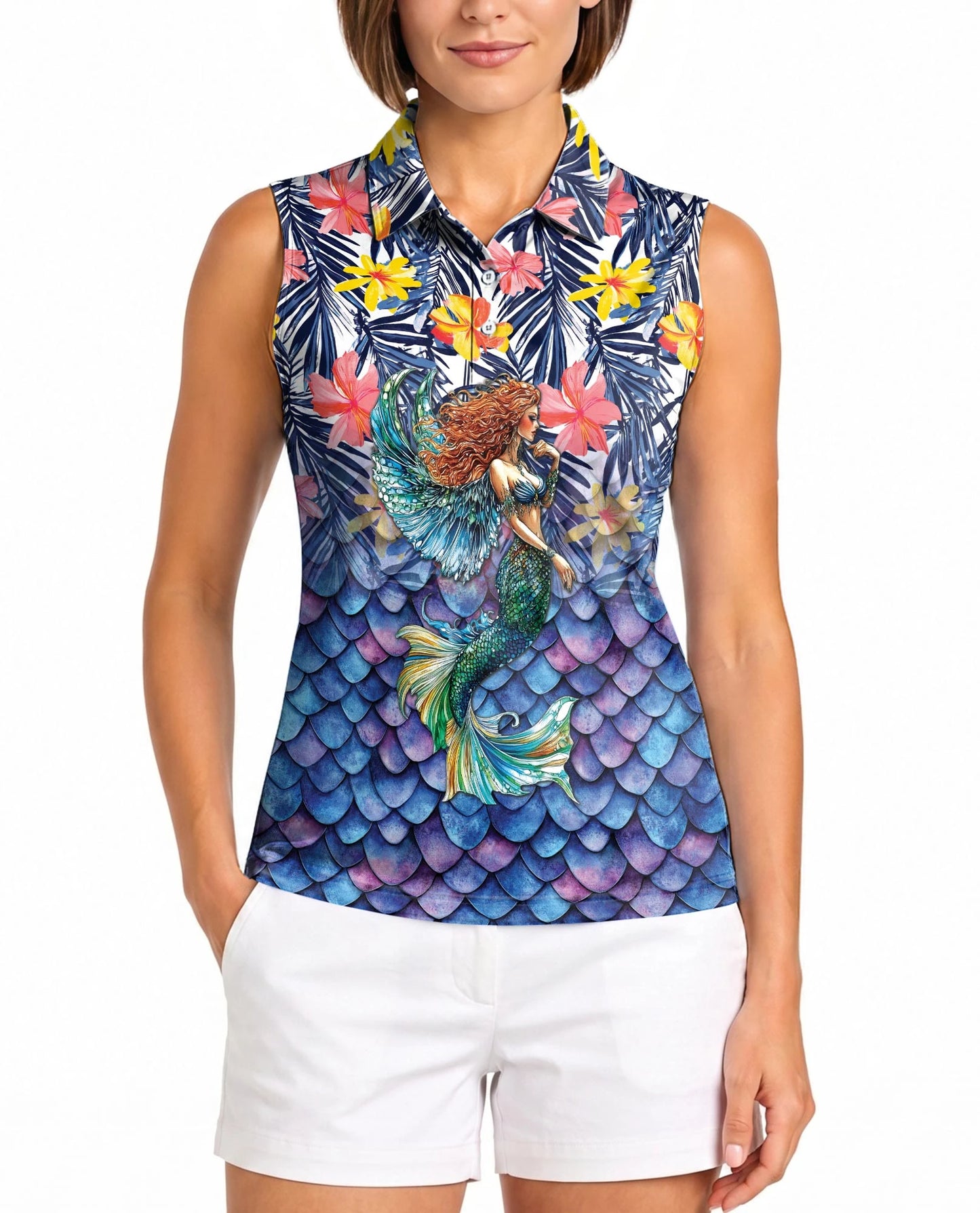 Mermaid Pattern Sleeveless Polo Shirt for Women | Netecom