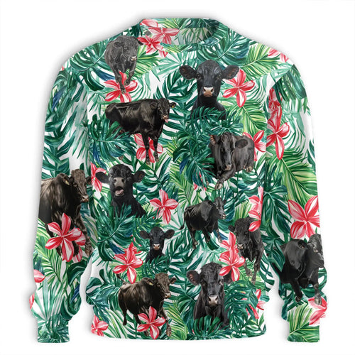 Black Angus Cow Tropical Floral Sweatshirt, 3D All Over Print Farm Animal Flower Crewneck Pullover for Men Women, Cattle Lover Gift - Netecom