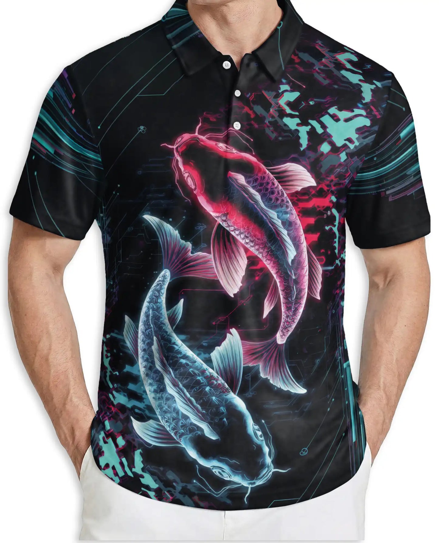 Koi Fish Polo Shirt – Neon Cyberpunk Print | Netecom