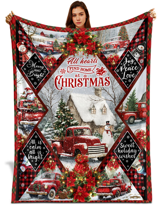 Netecom Red Truck Snowman Christmas Blanket, Vintage Holiday Throw Blanket for Couch, Bed or Sofa, Ultra Soft and Warm Gift for Christmas or Winter