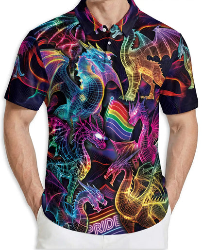 Pride Rainbow Dragon Polo Shirt for Men-Neon Fantasy Dragon Shirt | Netecom