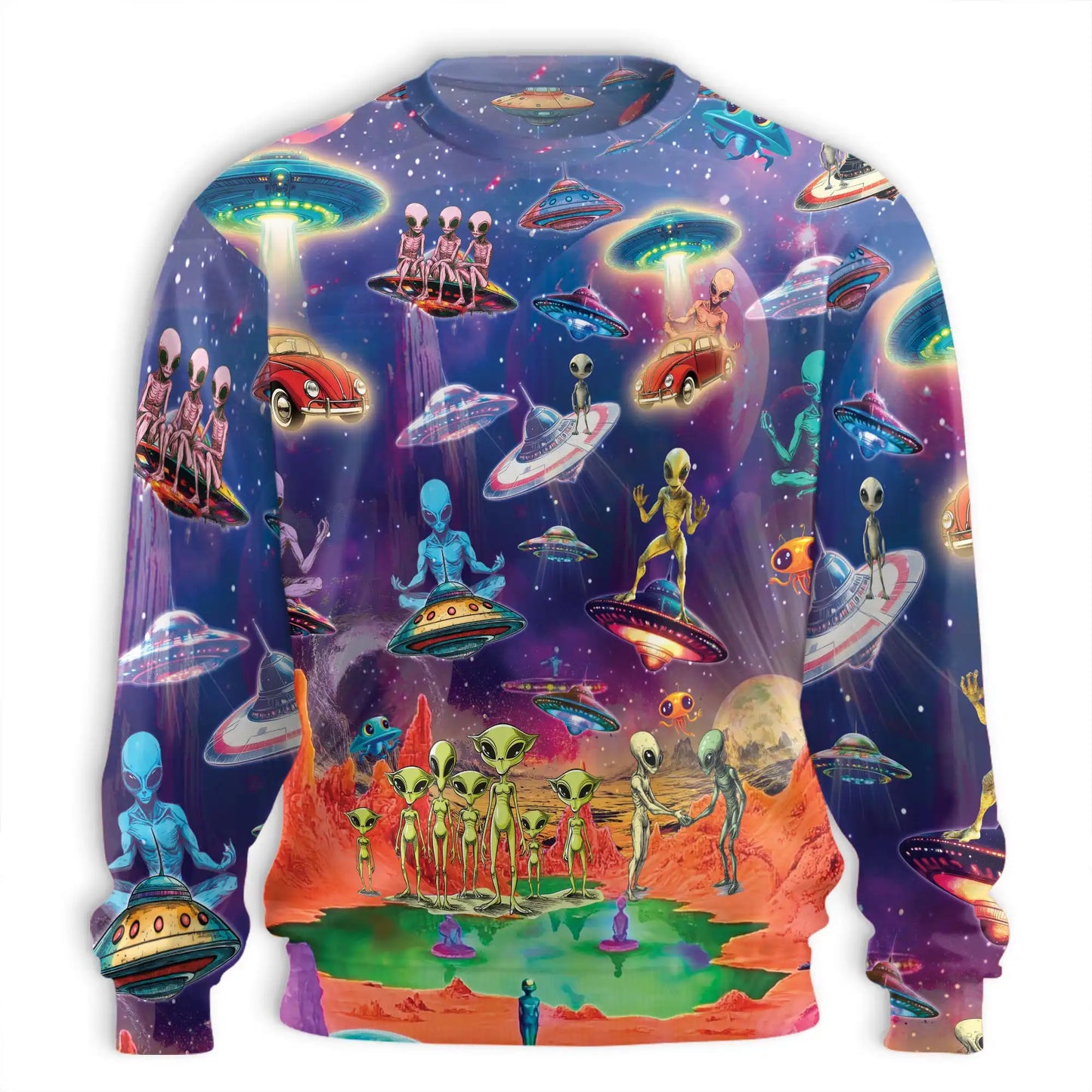 Psychedelic UFO Alien Sweatshirt, 3D All Over Print Cosmic Space Crewneck Pullover for Men Women, Alien Lover Gift - Netecom