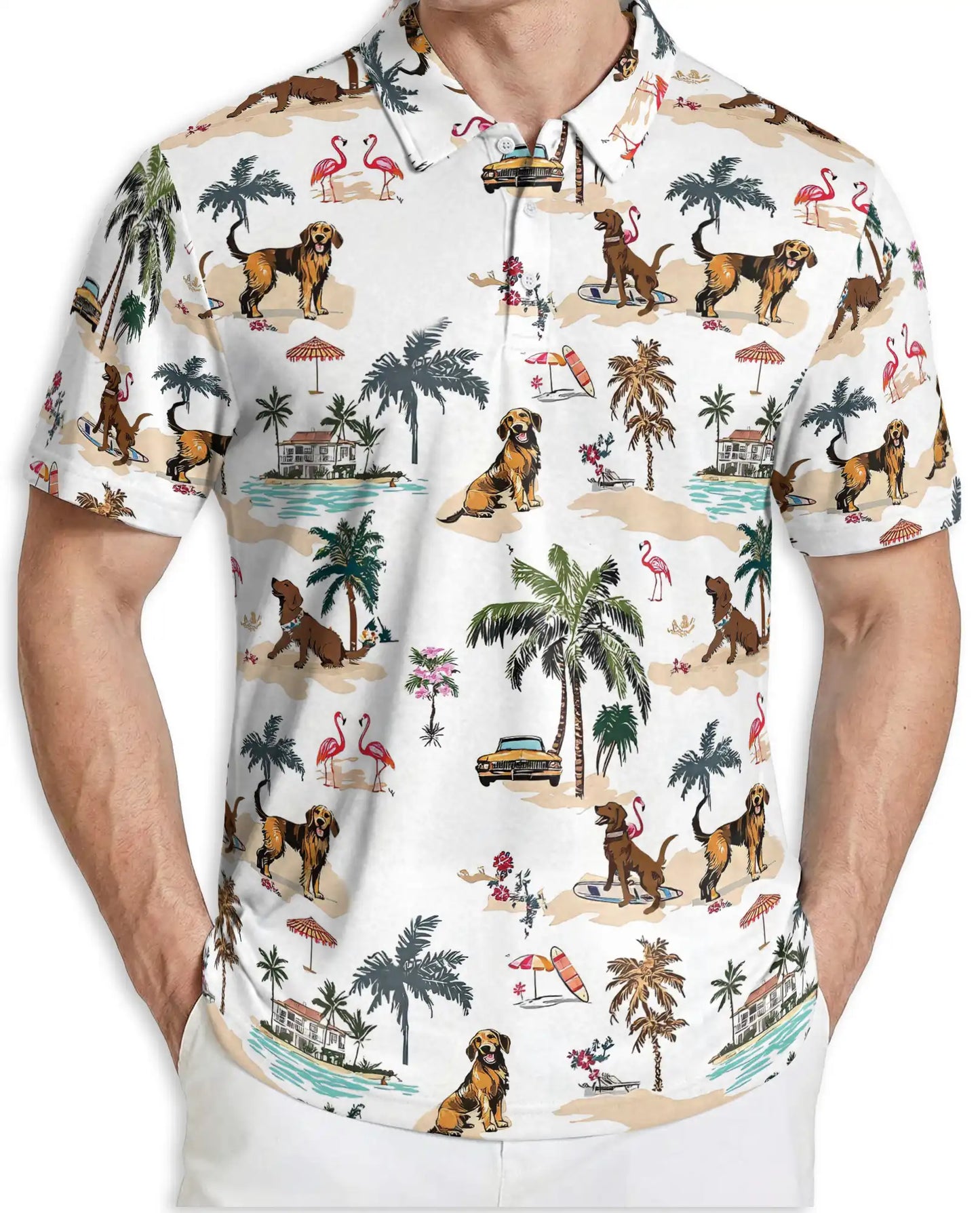 Golden Retriever Beach Polo Shirt – Tropical Island Print | Netecom
