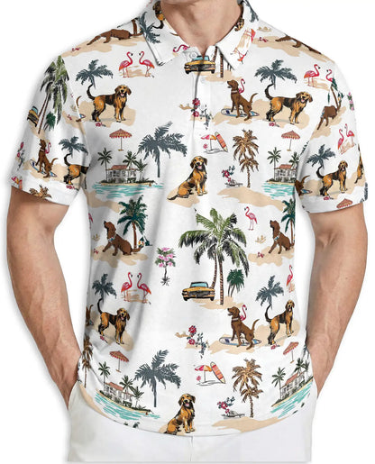 Golden Retriever Beach Polo Shirt – Tropical Island Print | Netecom