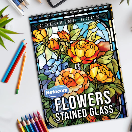 Flowers Stained Glass Spiral Bound Coloring Book, Vibrant Flower Designs in Stained Glass Style, Perfect for Botanical Lovers Seeking a Colorful Challenge