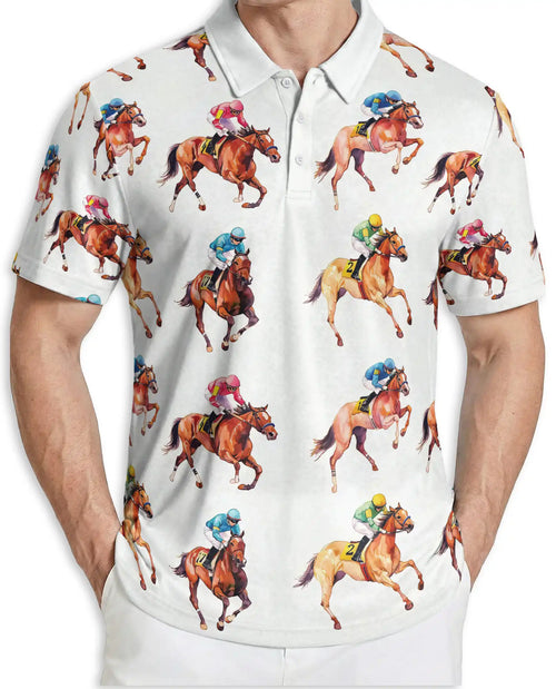 Minimal Horse Racing 3D Polo Shirt for Men – Classic Jockey Derby Style | Netecom