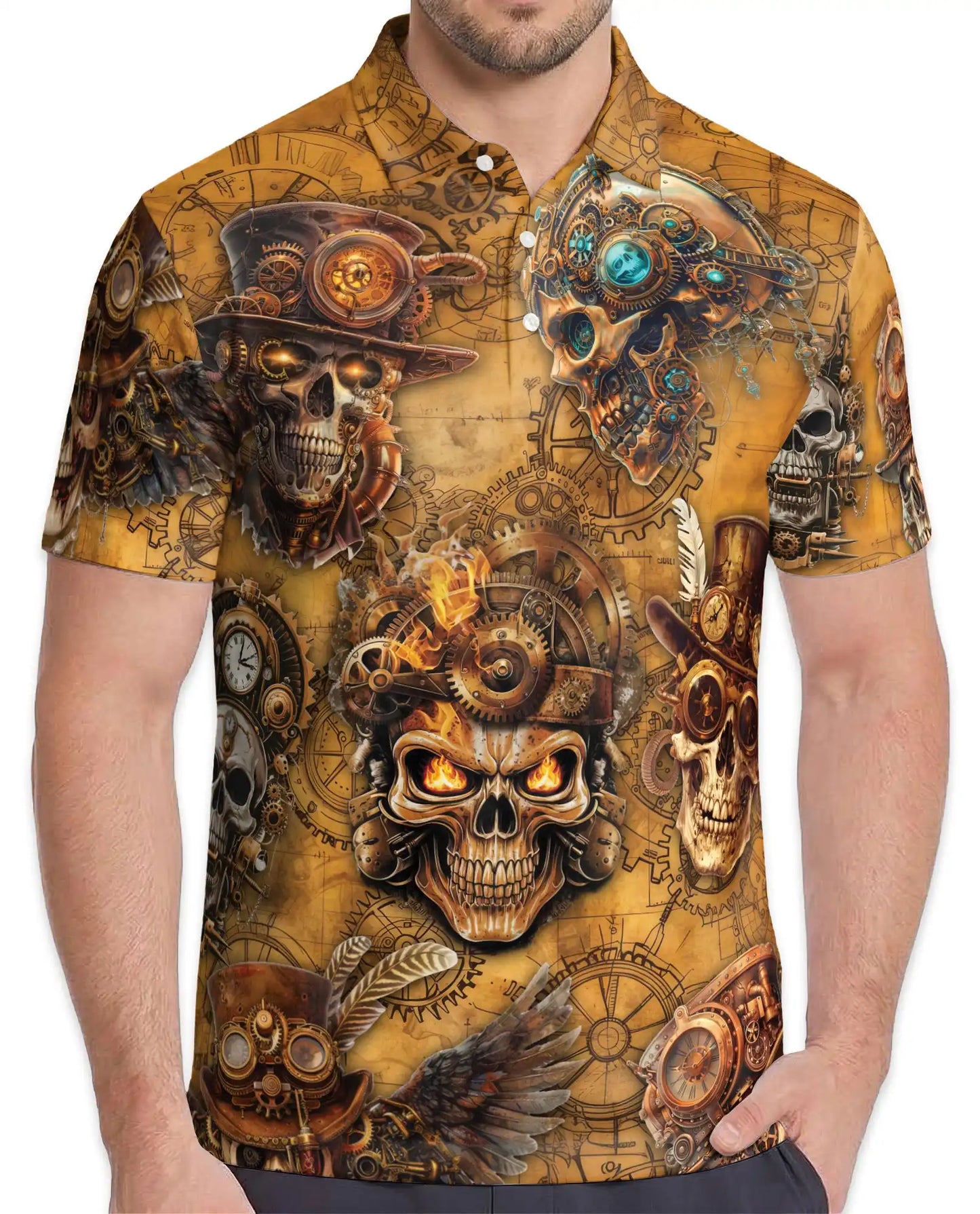 Steampunk Skull Polo Shirt for Men – Mechanical Gothic Skeleton Design | Netecom