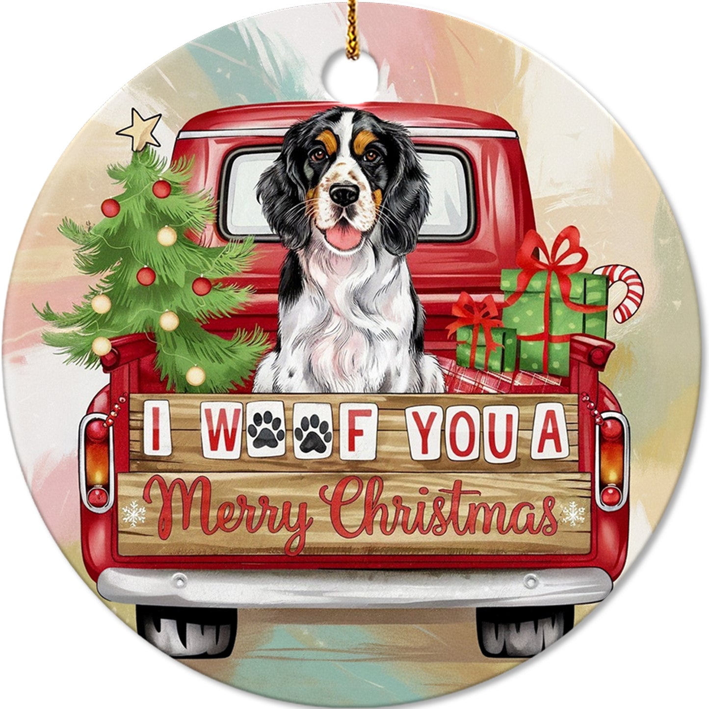 Netecom Cute Spaniel in Red Truck Ornament, I Woof You a Merry Christmas Ceramic Ornament for Christmas Tree Hanging Decorations Gift, Dog Lover Gifts, Holiday Party Present