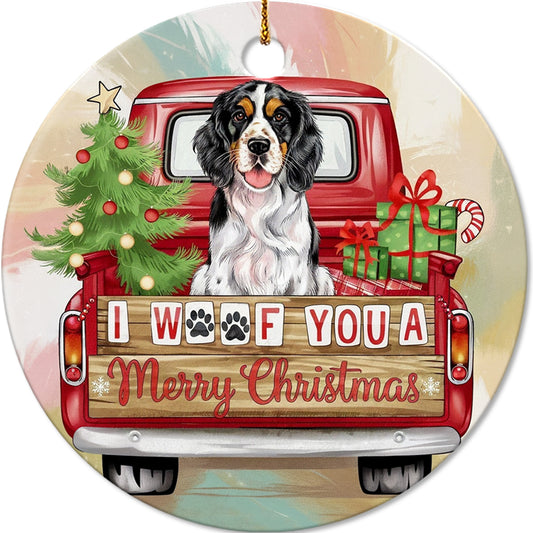 Netecom Cute Spaniel in Red Truck Ornament, I Woof You a Merry Christmas Ceramic Ornament for Christmas Tree Hanging Decorations Gift, Dog Lover Gifts, Holiday Party Present