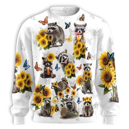 Raccoon Sunflower Sweatshirt, 3D All Over Print Wildlife Floral Crewneck Pullover for Men Women, Raccoon Lover Gift - Netecom