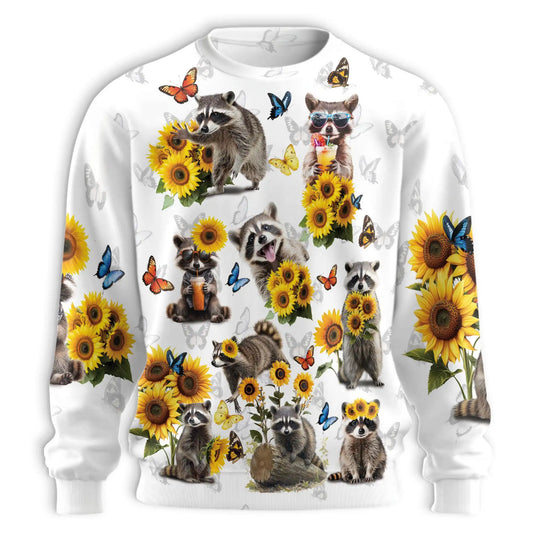 Raccoon Sunflower Sweatshirt, 3D All Over Print Wildlife Floral Crewneck Pullover for Men Women, Raccoon Lover Gift - Netecom