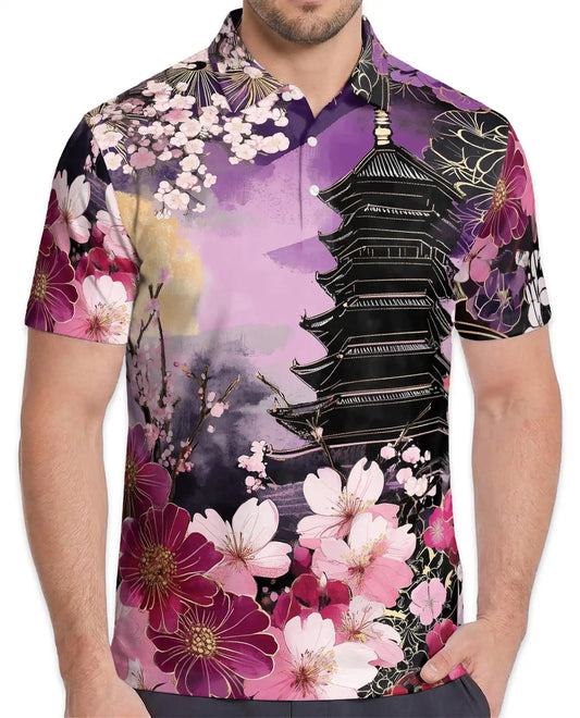 Sakura Pagoda Polo Shirt - Japanese Floral Art Style | Netecom