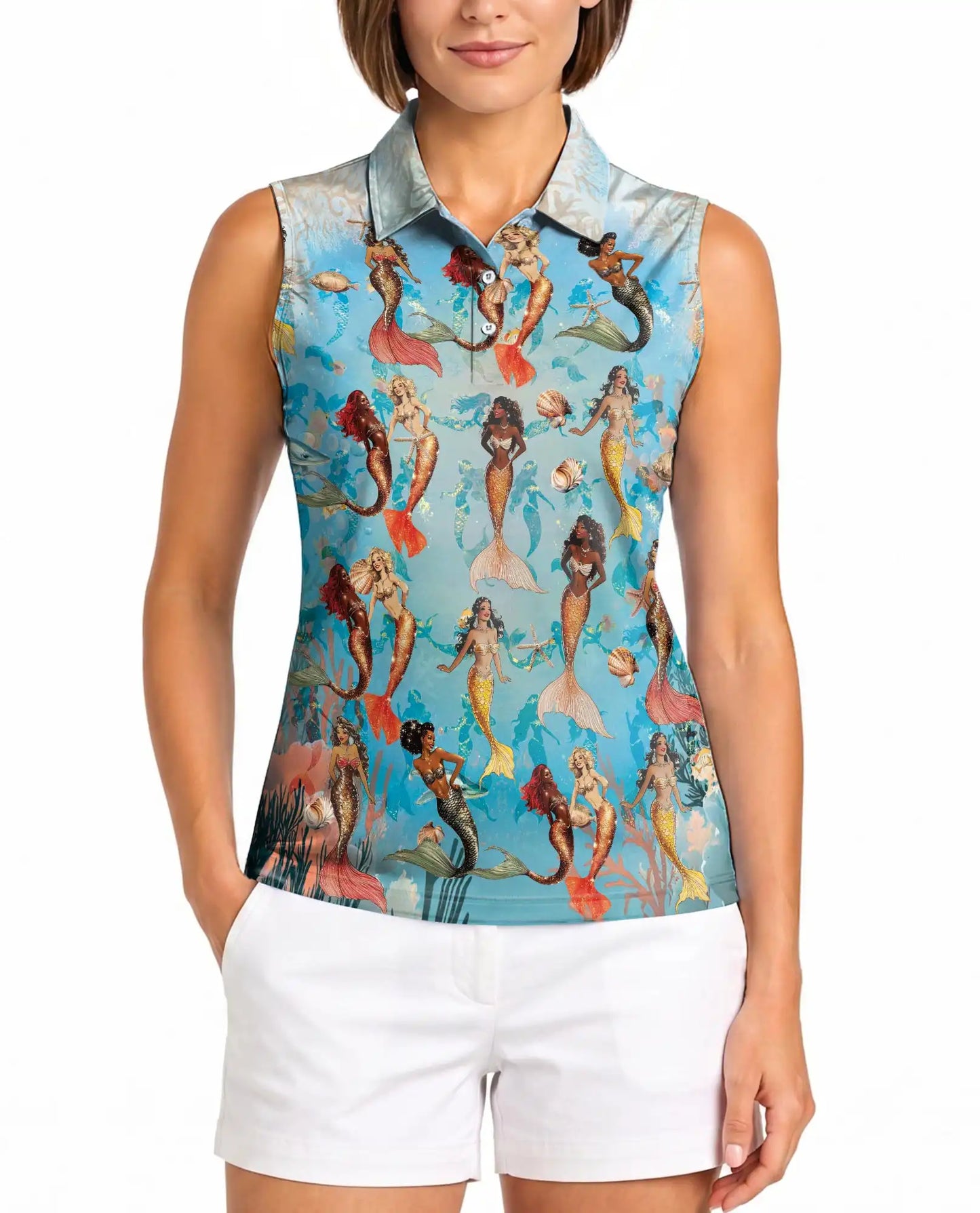 Lovely Mermaid Sea Sleeveless Polo Shirt for Women – Ocean Fantasy Style | Netecom