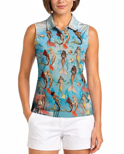Lovely Mermaid Sea Sleeveless Polo Shirt for Women – Ocean Fantasy Style | Netecom