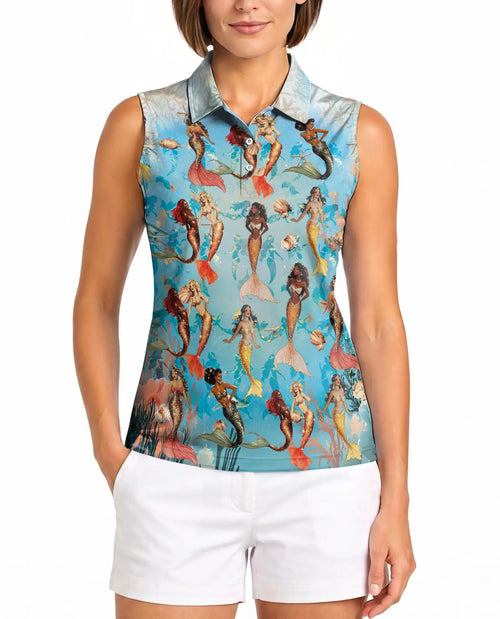 Lovely Mermaid Sea Sleeveless Polo Shirt for Women – Ocean Fantasy Style | Netecom