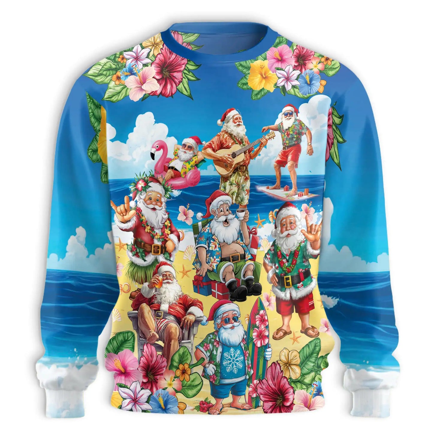 Tropical Santa Christmas Sweatshirt, 3D All Over Print Hawaiian Holiday Crewneck Pullover for Men Women, Santa Christmas Gift - Netecom