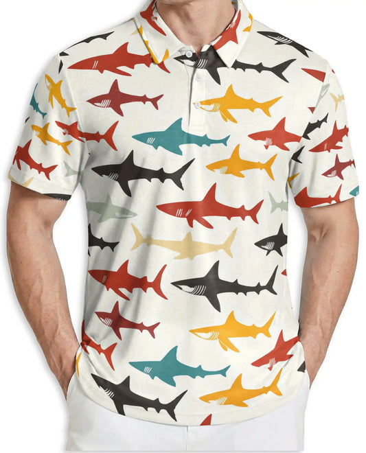 Colorful Shark Pattern 3D Polo Shirt for Men – Ocean Marine Style | Netecom
