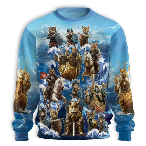 Viking Cat Sweatshirt, 3D All Over Print Norse Warrior Cat Crewneck Pullover for Men Women, Viking Cat Lover Gift - Netecom