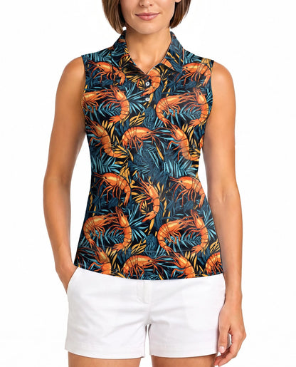Shrimp Summer Beach Seafood Sleeveless Polo Shirt for Women | Netecom