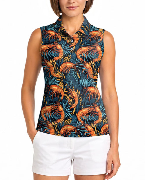 Shrimp Summer Beach Seafood Sleeveless Polo Shirt for Women | Netecom