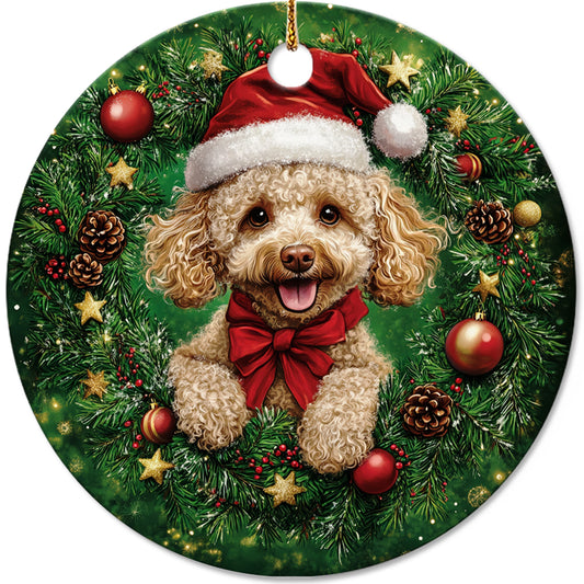 Netecom Cute Poodle Christmas Ornament, Dog Santa Hat Ceramic Ornament for Xmas Tree Hanging Decorations Gift, Puppy Lover Gifts, Home Decor, Holiday Party Present