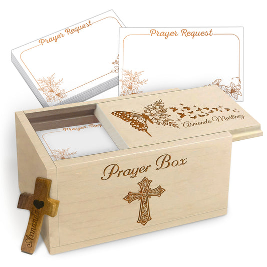 Netecom Personalized Wooden Prayer Box with 100 Prayer Request Cards & Custom Name Cross – Floral Christian Faith Gift for Daily Prayer