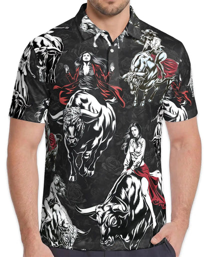 Western Bull Rider 3D Polo Shirt for Men – Dark Rodeo Cowgirl Style | Netecom