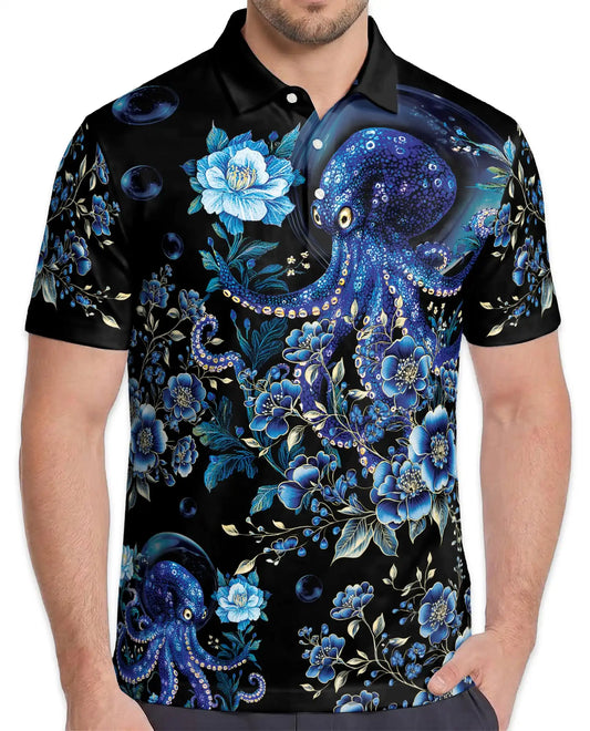 Blue Octopus Polo Shirt - Floral Ocean Fantasy Marine Art Design | Netecom