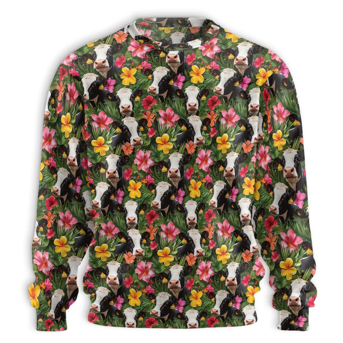 Tropical Holstein Cow Sweatshirt, 3D All Over Print Floral Cow Crewneck Pullover for Men Women, Cow Lover Gift - Netecom