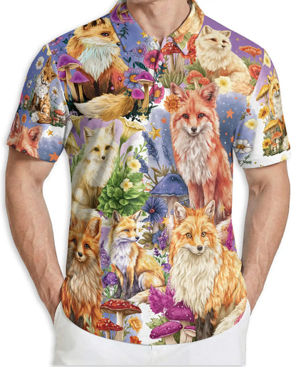 Fantasy Fox Garden Polo Shirt Enchanted Woodland Floral Animal Art | Netecom