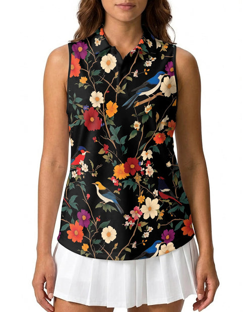Bird and Flower Sleeveless Polo Shirt for Women | Netecom
