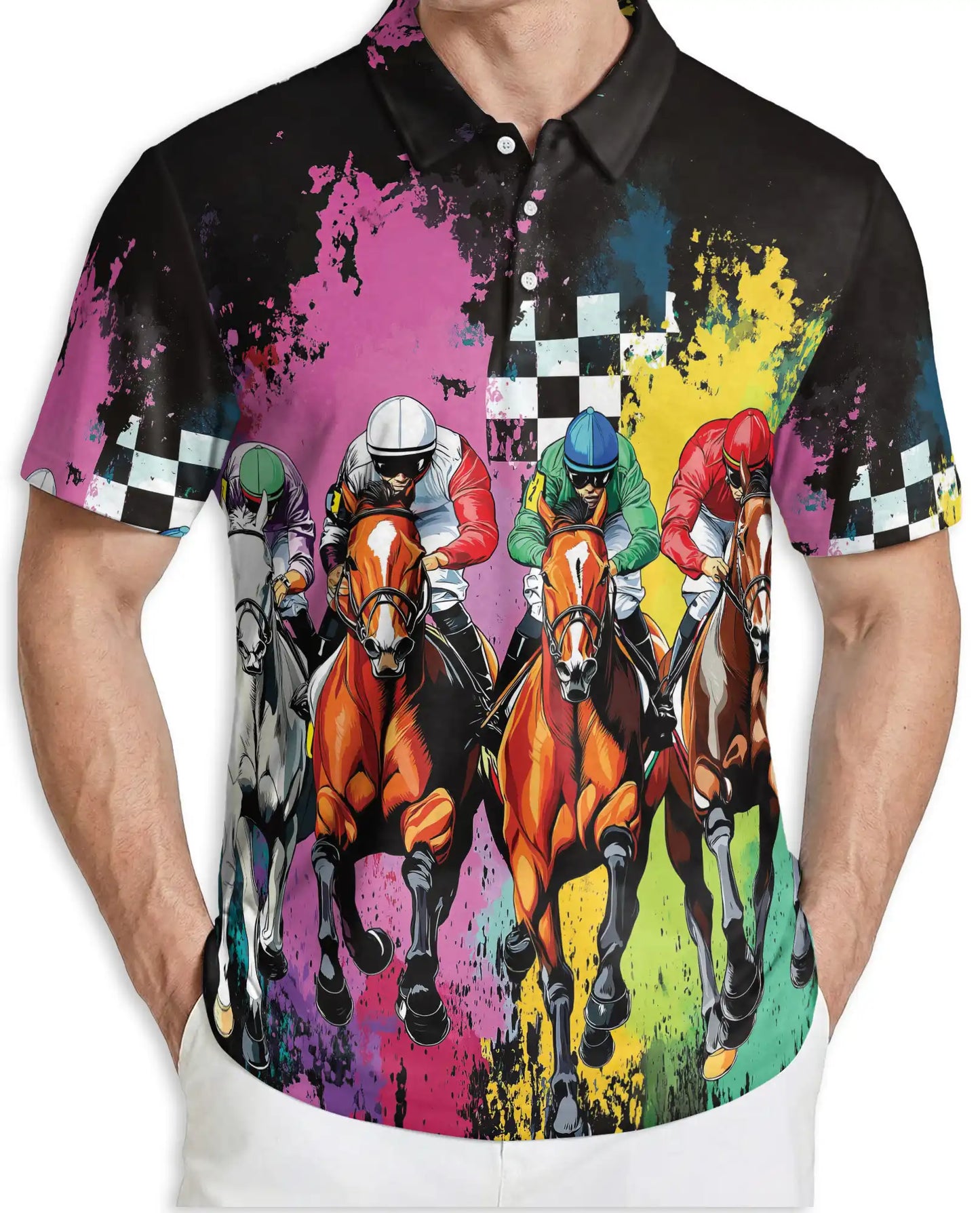 Color Splash Horse Racing 3D Polo Shirt for Men – Dynamic Jockey Derby Style | Netecom