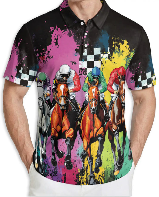 Color Splash Horse Racing 3D Polo Shirt for Men – Dynamic Jockey Derby Style | Netecom