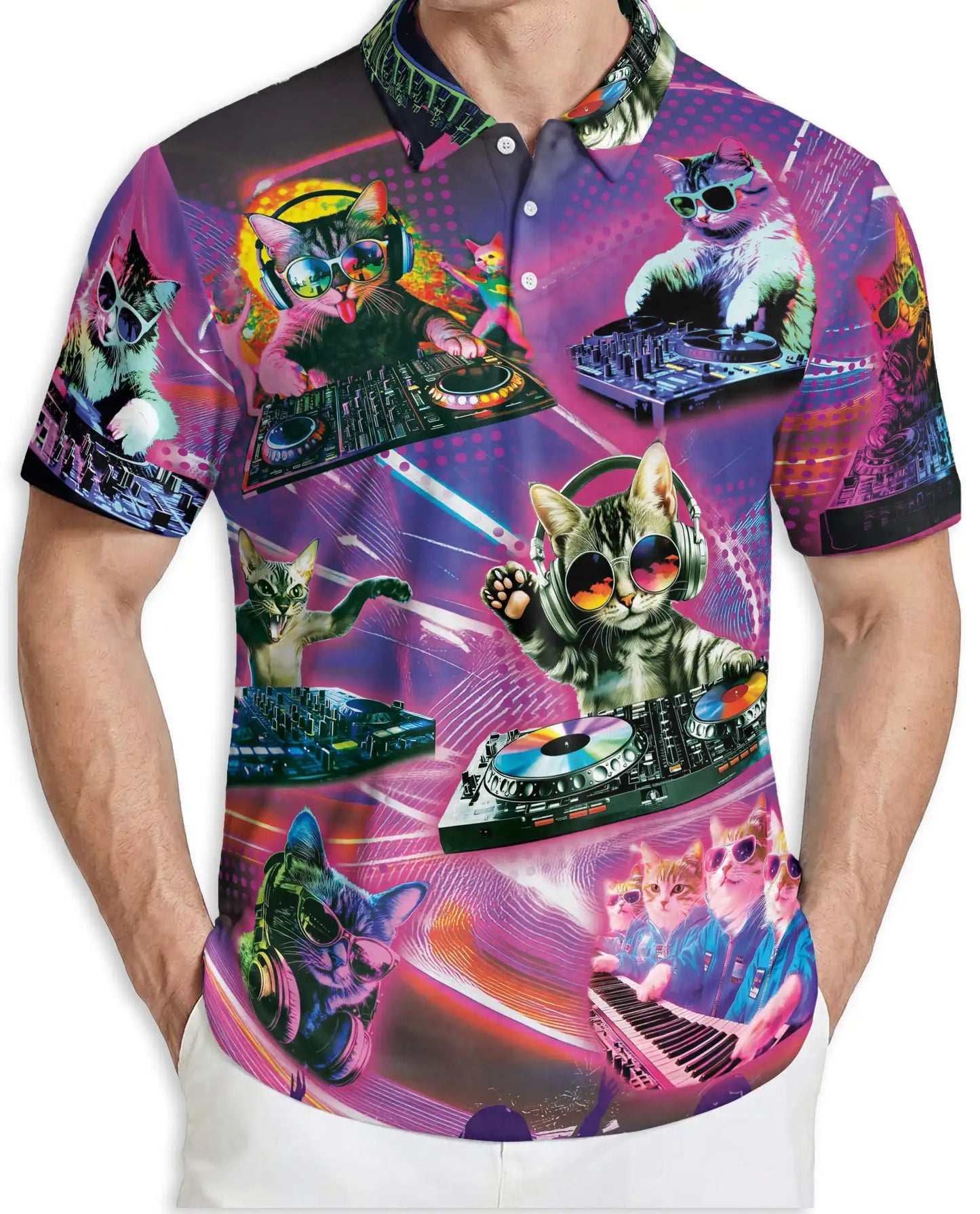 DJ Cat Party Polo Shirt-Neon Music Festival Funny Cat DJ Design | Netecom