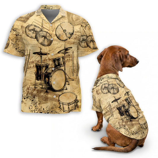 Netecom Matching Drum Hawaiian Shirt for Dog and Owner, Music Aloha Summer Shirt, Drum Print Button Down Outfit for Pet and Human, Beach Vacation Casual Wear