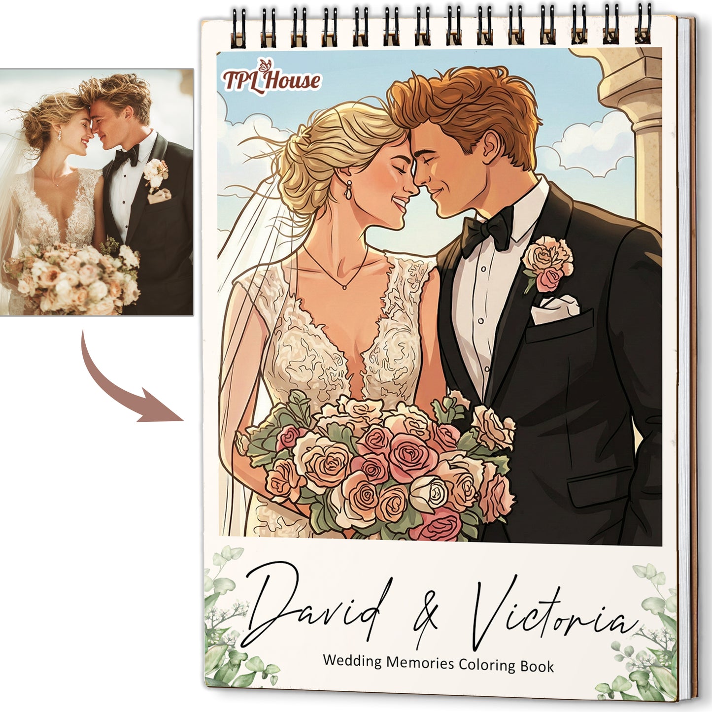 Personalized Wedding Memory Coloring Book for Adults – Custom Coloring Pages from Your Wedding Photos , 12–48 Pages, Memory Keepsake Gift, Premium Wooden Cover, Spiral Binding