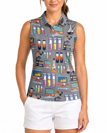 Science Lab Doodle Pattern Sleeveless Polo Shirt for Women | Netecom