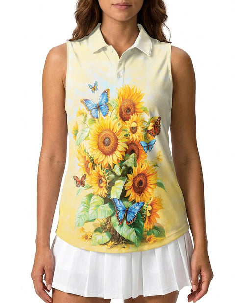 Sunflower Butterfly Sleeveless Polo Shirt for Women | Netecom