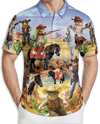 Funny Cowboy Cat 3D Polo Shirt for Men – Wild West Western Pet Style | Netecom
