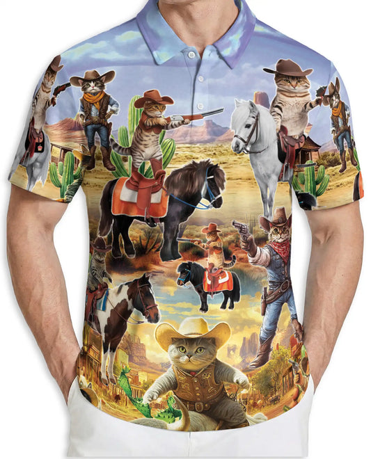 Funny Cowboy Cat 3D Polo Shirt for Men – Wild West Western Pet Style | Netecom