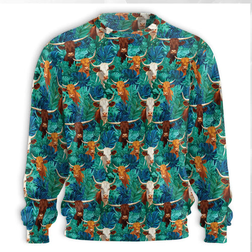 Longhorn Cattle Sweatshirt, 3D All Over Print Western Cow Crewneck Pullover for Men Women, Texas Ranch Cattle Lover Gift - Netecom