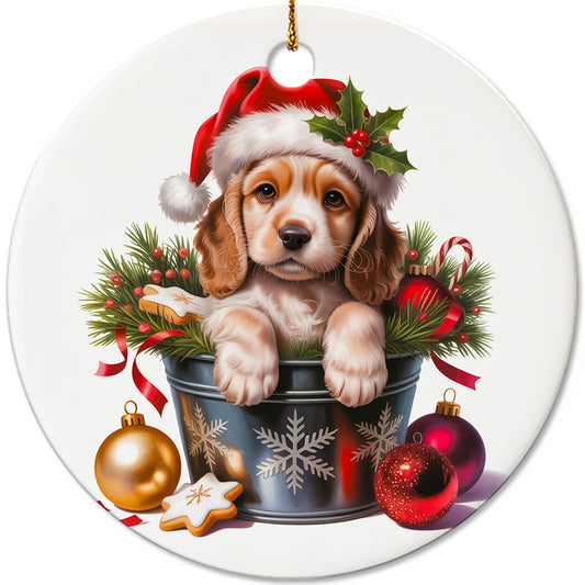 Netecom Cute Cocker Spaniel in Bucket Ornament, Dog with Santa Hat Ceramic Ornament for Christmas Tree Hanging Decorations Gift, Puppy Lover Gifts, Home Decor, Holiday Party Present