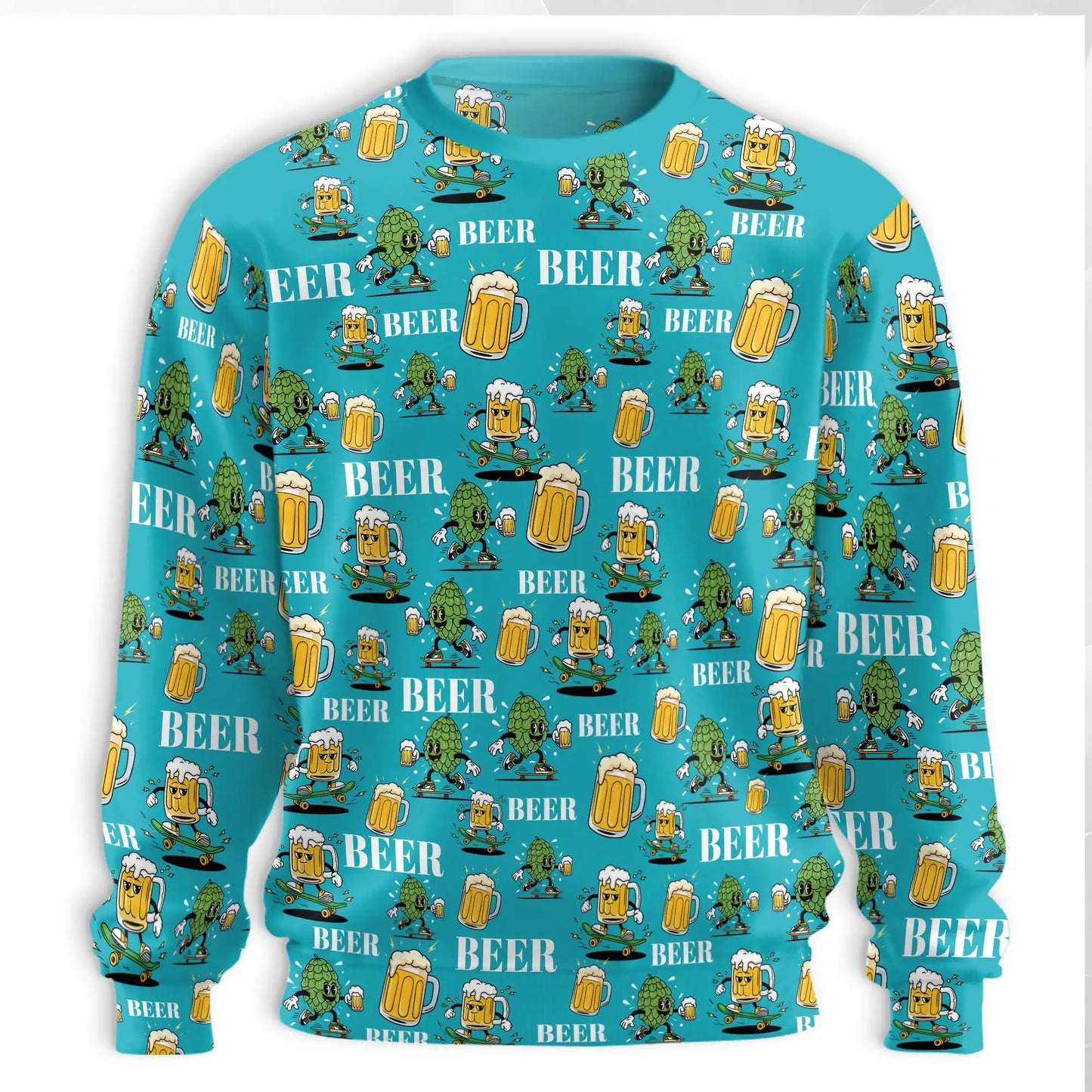 Cartoon Beer Hops Sweatshirt, 3D All Over Print Funny Brewing Crewneck Pullover for Men Women, Beer Lover Gift - Netecom