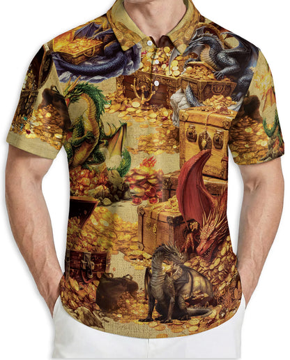 Dragon Treasure 3D Polo Shirt for Men – Fantasy Gold Hoard Style | Netecom