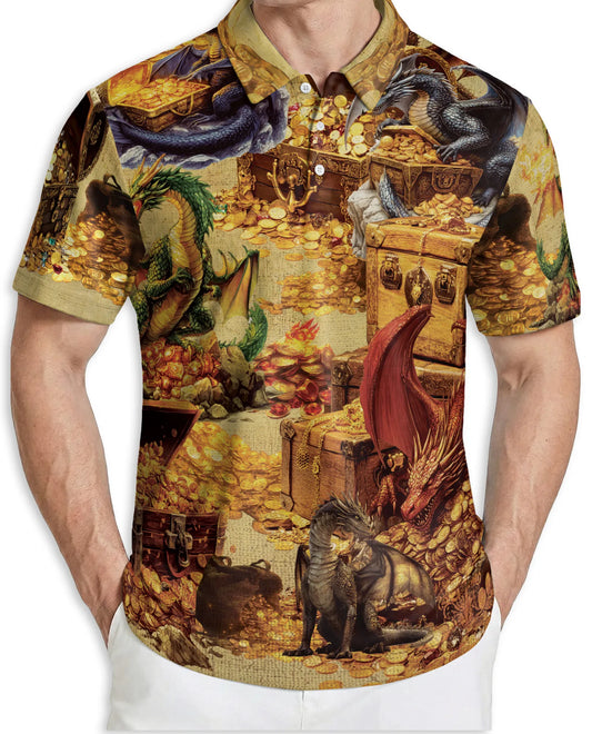 Dragon Treasure 3D Polo Shirt for Men – Fantasy Gold Hoard Style | Netecom